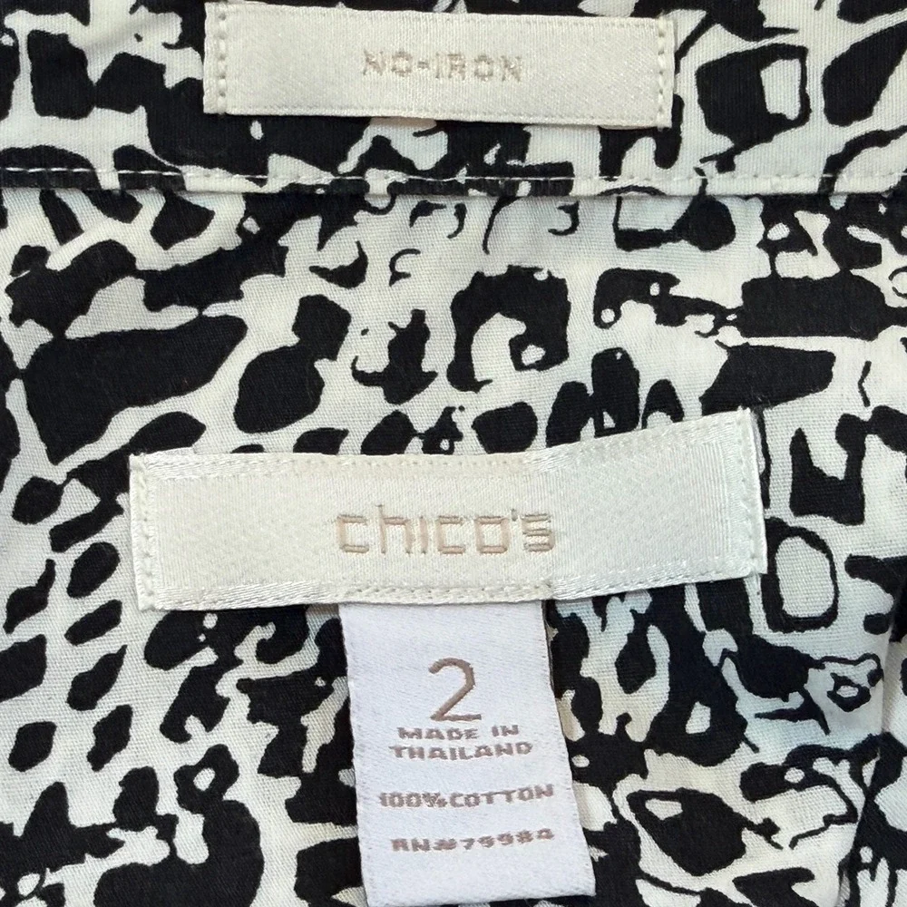Chico's No Iron Top Womens Size 2 Large Black Print Long Sleeve Button Front - Picture 6 of 7
